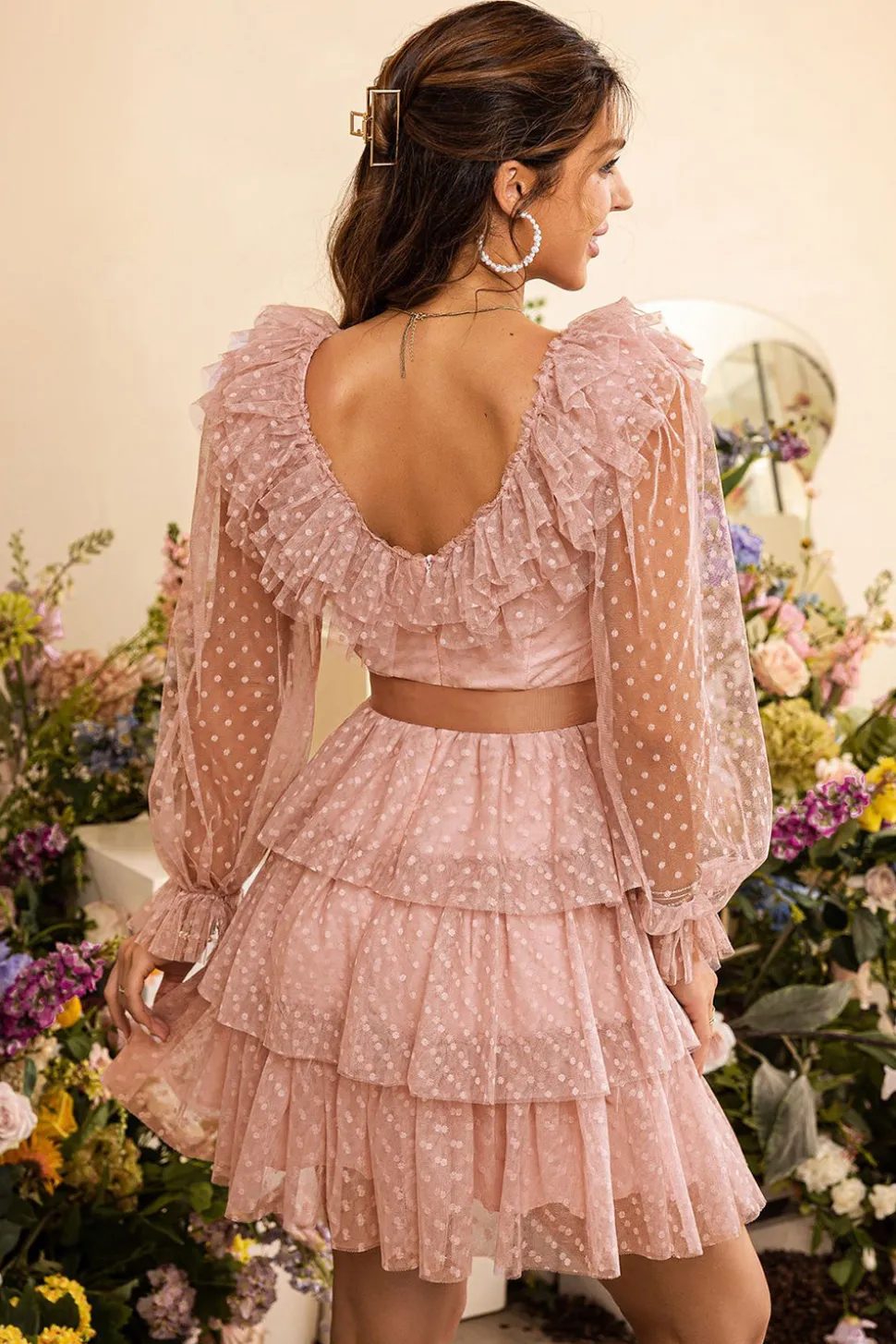 Rosa Flounces em Camadas Mangas Compridas Vestido de Cocktail