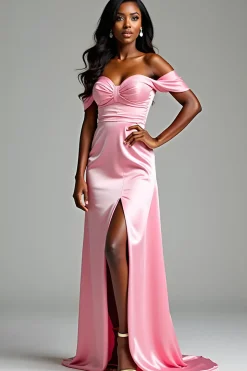 Rosa Fora da Bainha do Ombro Cetim Ruched Prom Dress com Fenda