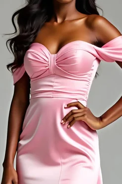 Rosa Fora da Bainha do Ombro Cetim Ruched Prom Dress com Fenda