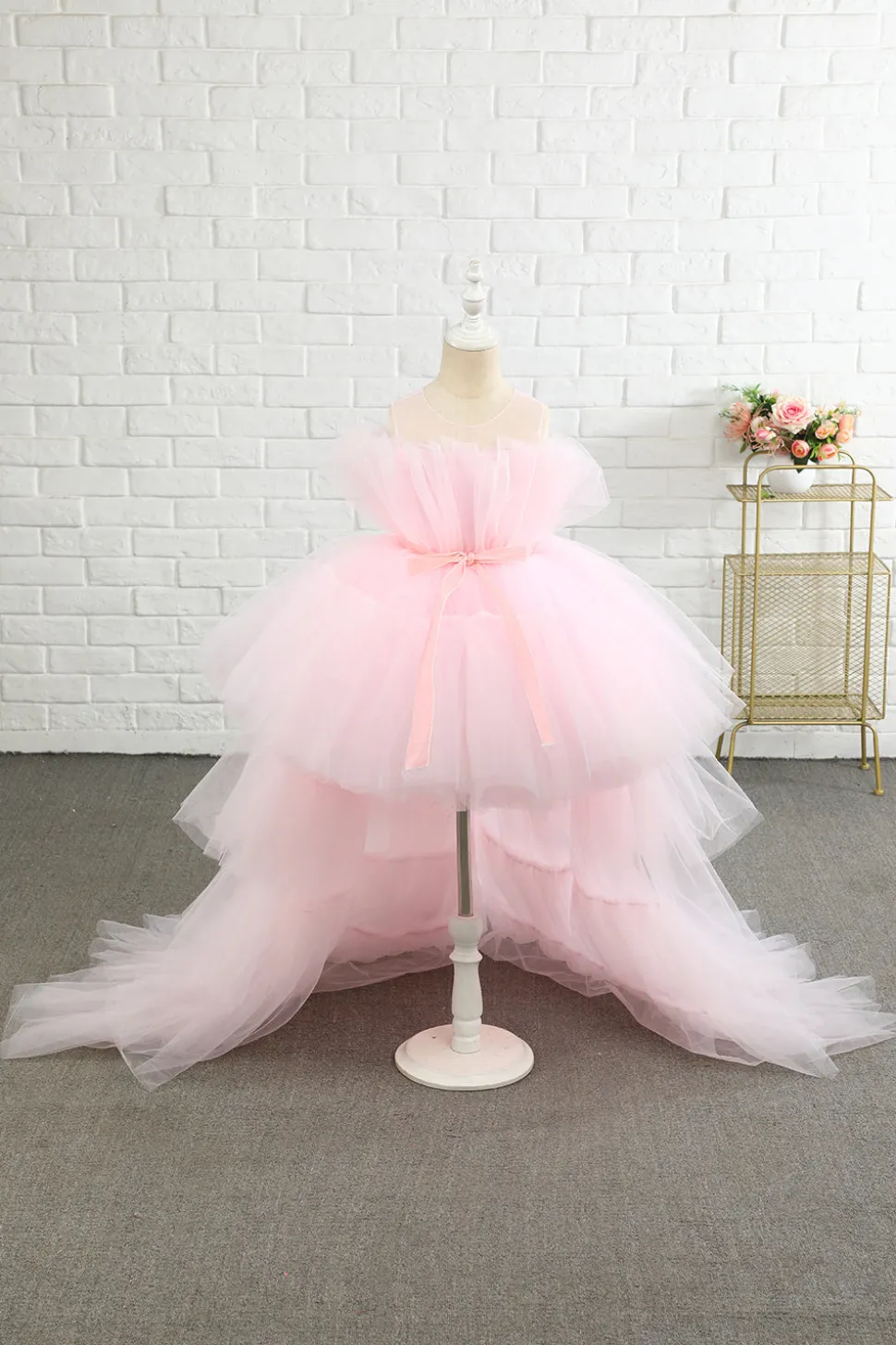 Rosa high low flower girl vestido