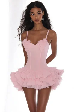 Rosa Linha-A Alças Finas Babados Mini Vestidos Cocktail