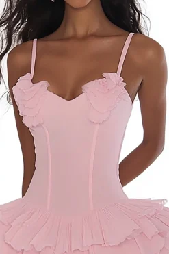Rosa Linha-A Alças Finas Babados Mini Vestidos Cocktail