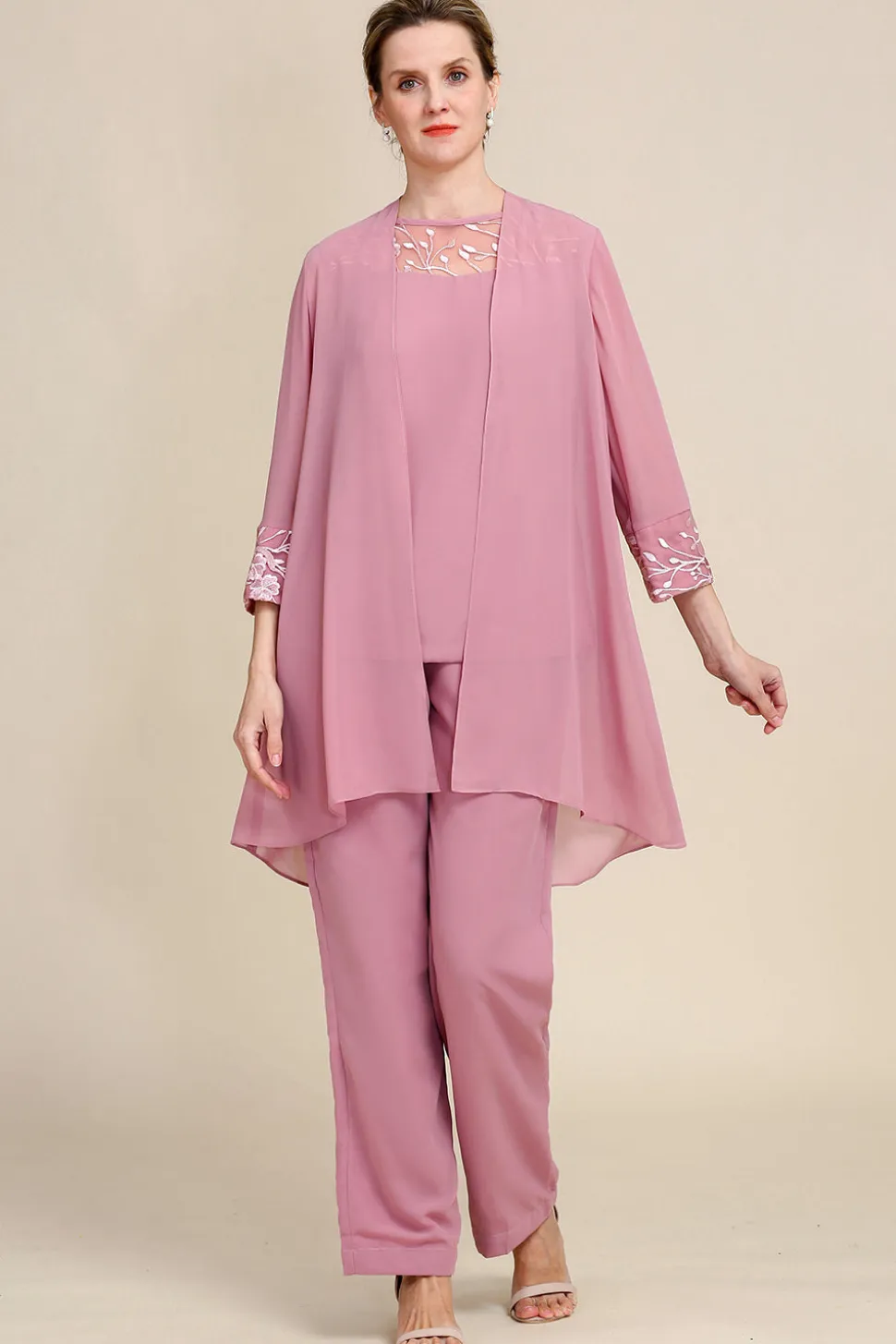 Rosa Mangas Compridas 3 Peça Pant Suits