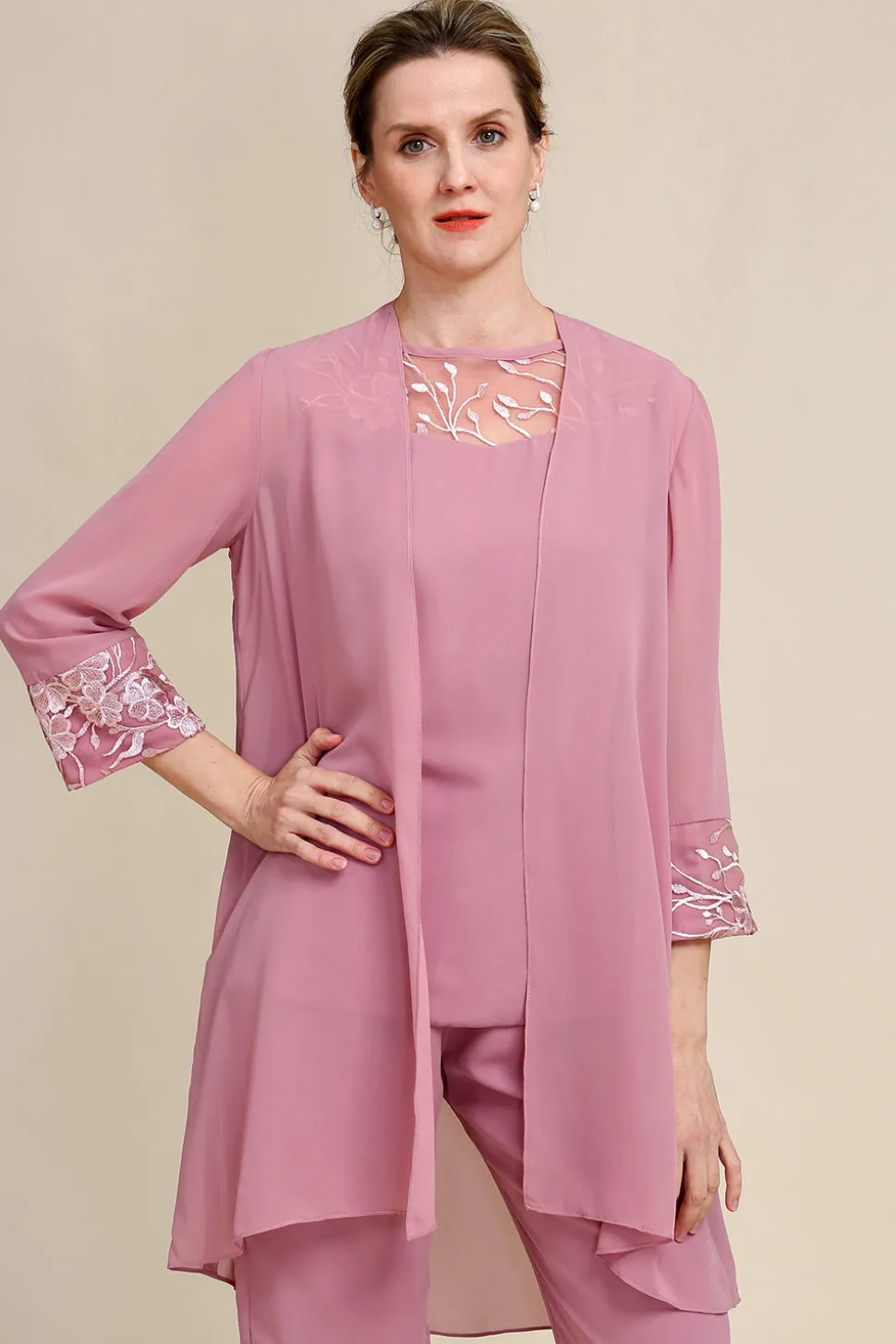 Rosa Mangas Compridas 3 Peça Pant Suits