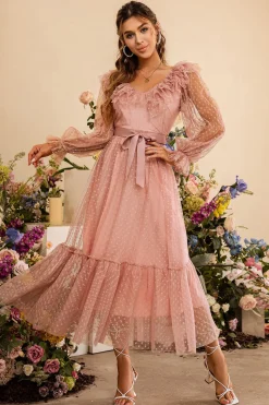 Rosa Mangas Compridas Vestido de Festa Com Cinto