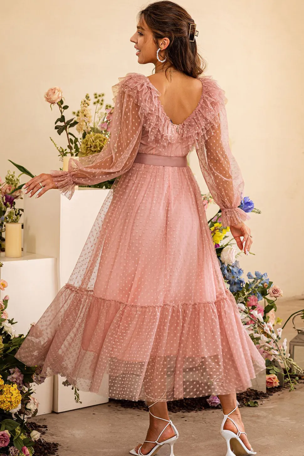 Rosa Mangas Compridas Vestido de Festa Com Cinto