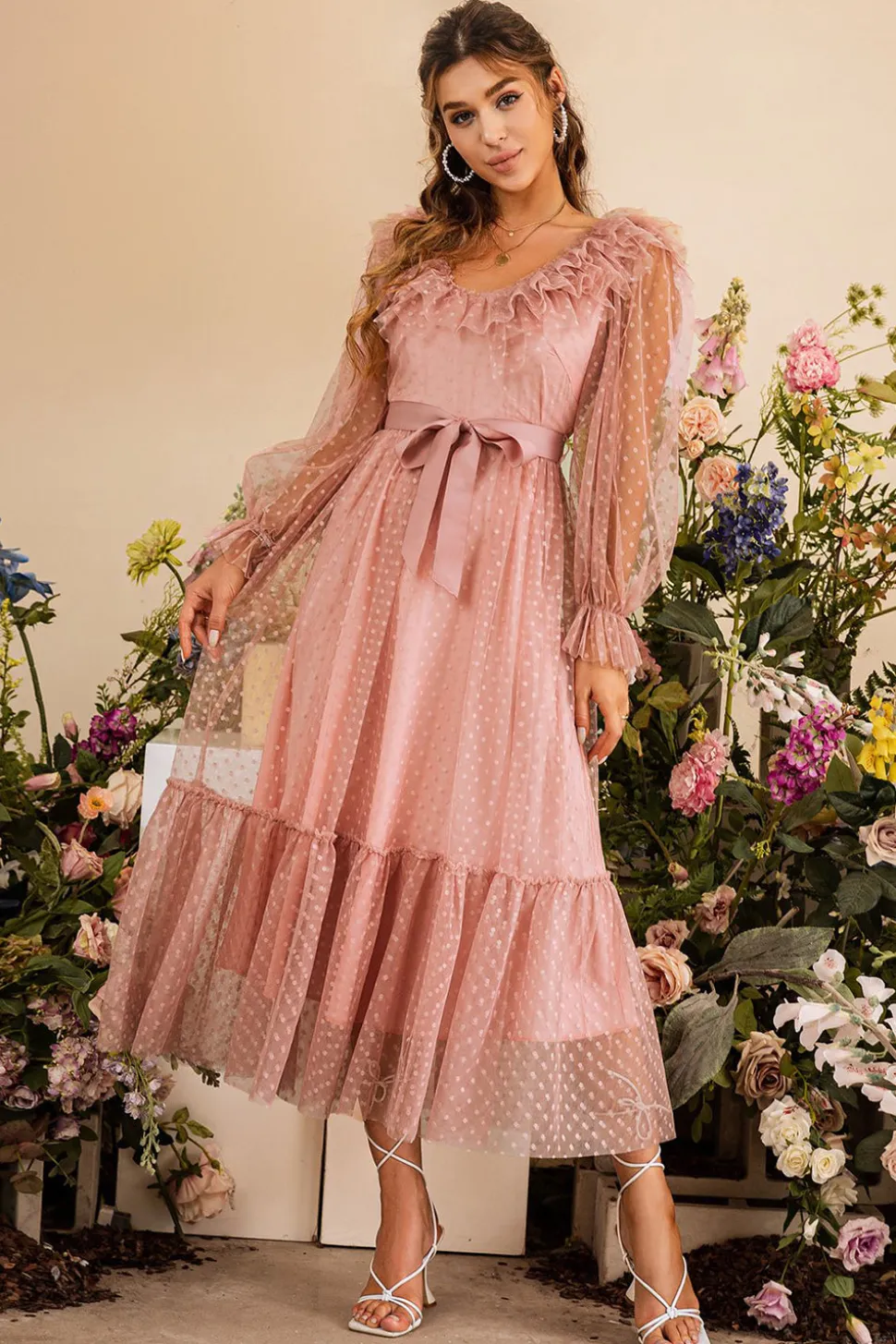 Rosa Mangas Compridas Vestido de Festa Com Cinto