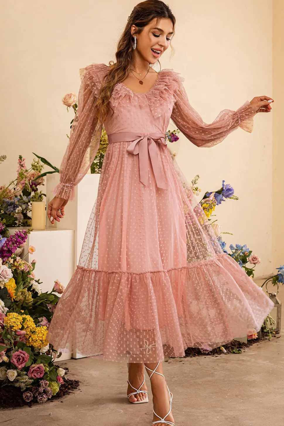 Rosa Mangas Compridas Vestido de Festa Com Cinto