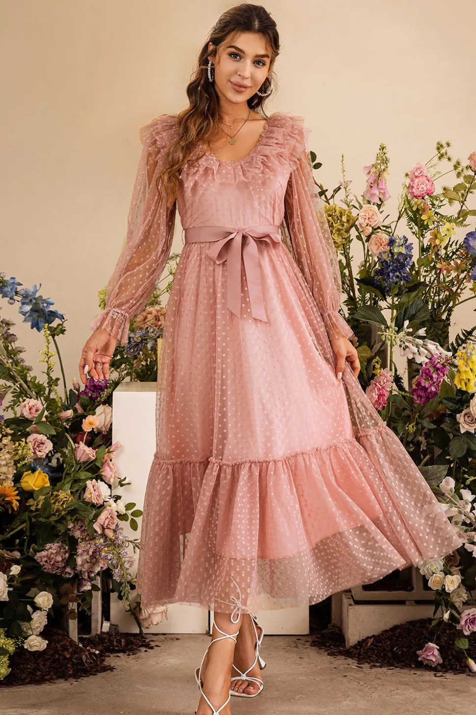 Rosa Mangas Compridas Vestido de Festa Com Cinto