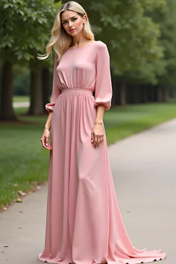 Rosa Meia Manga Chiffon Linha-A Longo Vestido Mae Noiva