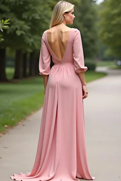 Rosa Meia Manga Chiffon Linha-A Longo Vestido Mae Noiva