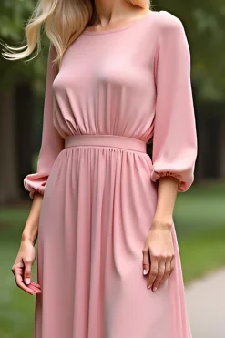 Rosa Meia Manga Chiffon Linha-A Longo Vestido Mae Noiva