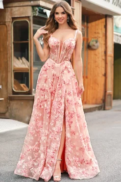 Rosa Off The Shoulder A-Line Corset 3D Borboletas Vestido Floral Prom com Fenda