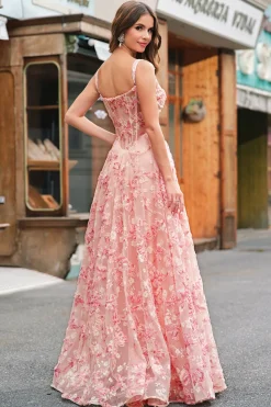 Rosa Off The Shoulder A-Line Corset 3D Borboletas Vestido Floral Prom com Fenda