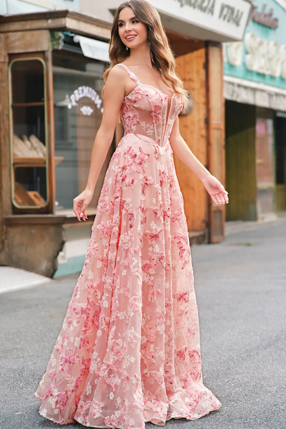 Rosa Off The Shoulder A-Line Corset 3D Borboletas Vestido Floral Prom com Fenda