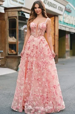 Rosa Off The Shoulder A-Line Corset 3D Borboletas Vestido Floral Prom com Fenda