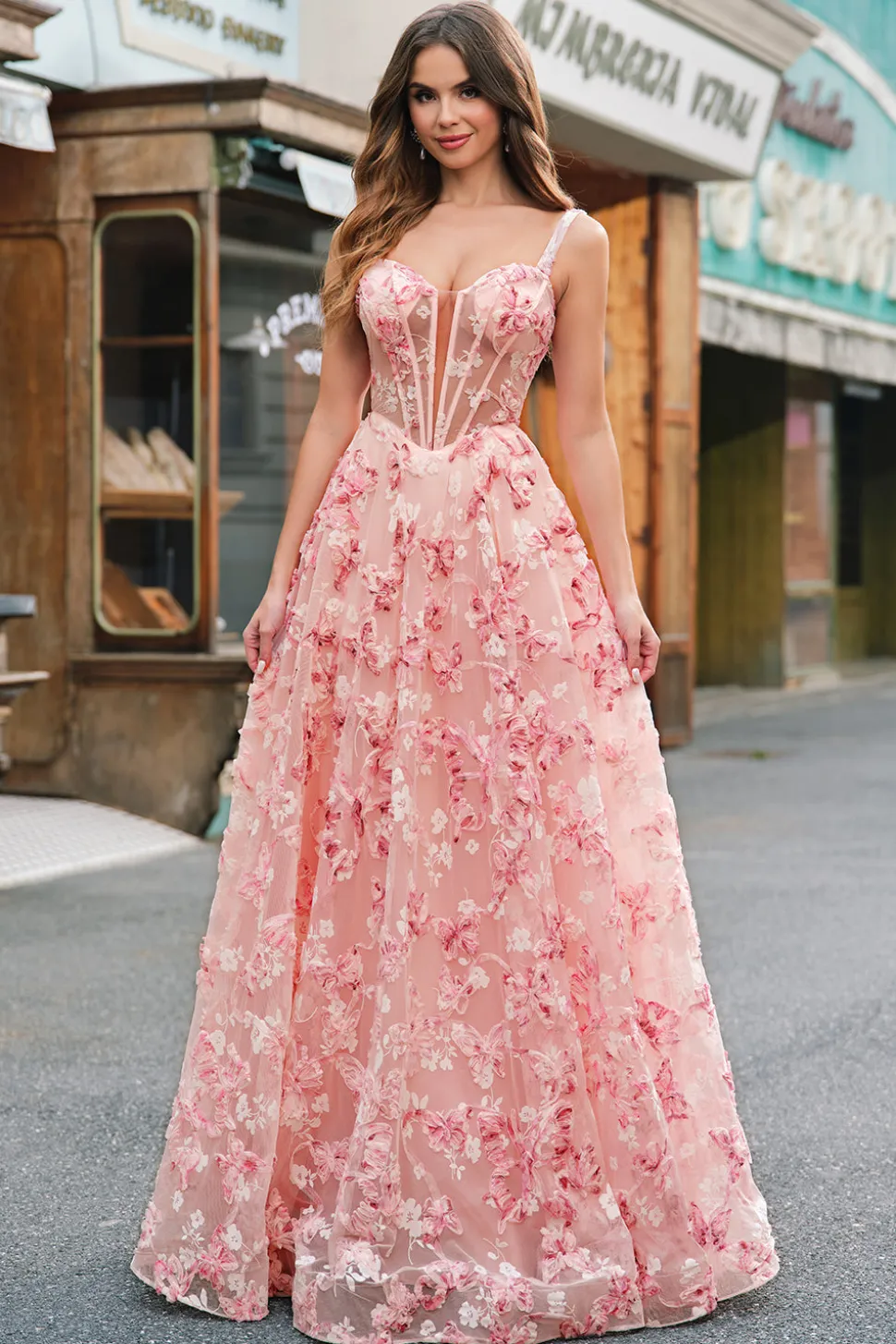 Rosa Off The Shoulder A-Line Corset 3D Borboletas Vestido Floral Prom com Fenda
