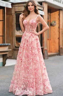 Rosa Off The Shoulder A-Line Corset 3D Borboletas Vestido Floral Prom com Fenda