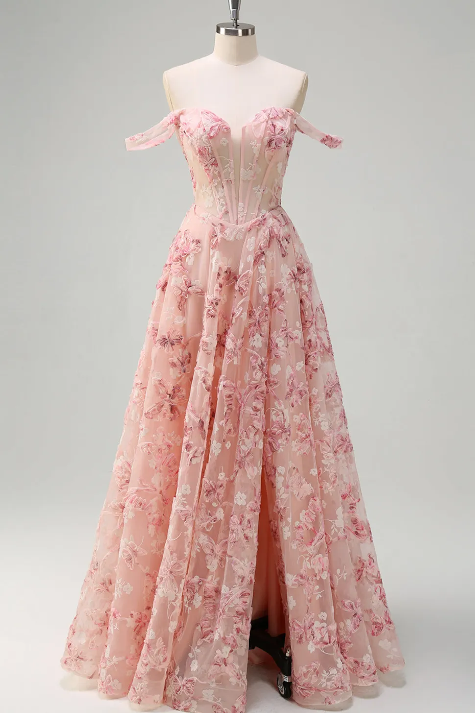 Rosa Off The Shoulder A-Line Corset 3D Borboletas Vestido Floral Prom com Fenda