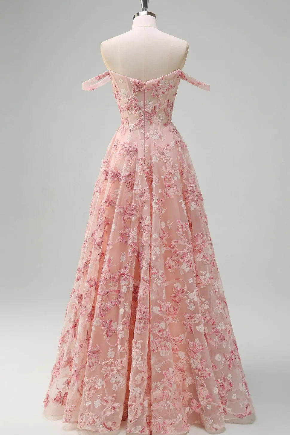 Rosa Off The Shoulder A-Line Corset 3D Borboletas Vestido Floral Prom com Fenda