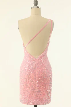 Rosa One Ombro Lantejoulas Vestido de regresso a casa apertado