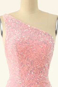 Rosa One Ombro Lantejoulas Vestido de regresso a casa apertado