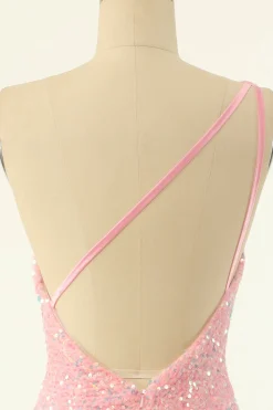 Rosa One Ombro Lantejoulas Vestido de regresso a casa apertado