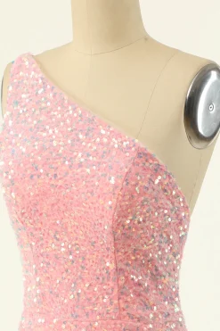 Rosa One Ombro Lantejoulas Vestido de regresso a casa apertado