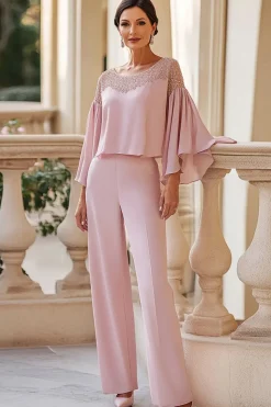 Rosa Pescoço Redondo Chiffon Mãe da Noiva Calça Ternos com Missangas