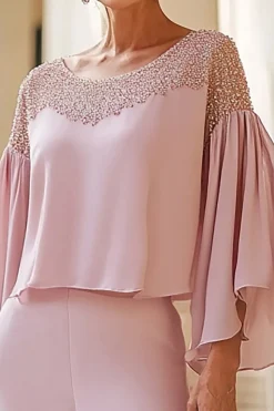 Rosa Pescoço Redondo Chiffon Mãe da Noiva Calça Ternos com Missangas