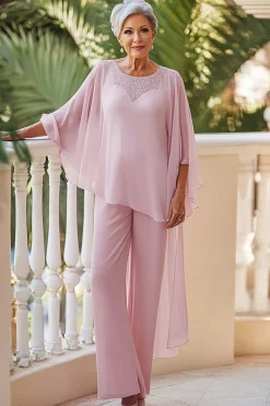 Rosa Pescoço Redondo Chiffon Mãe da Noiva Pant Suits