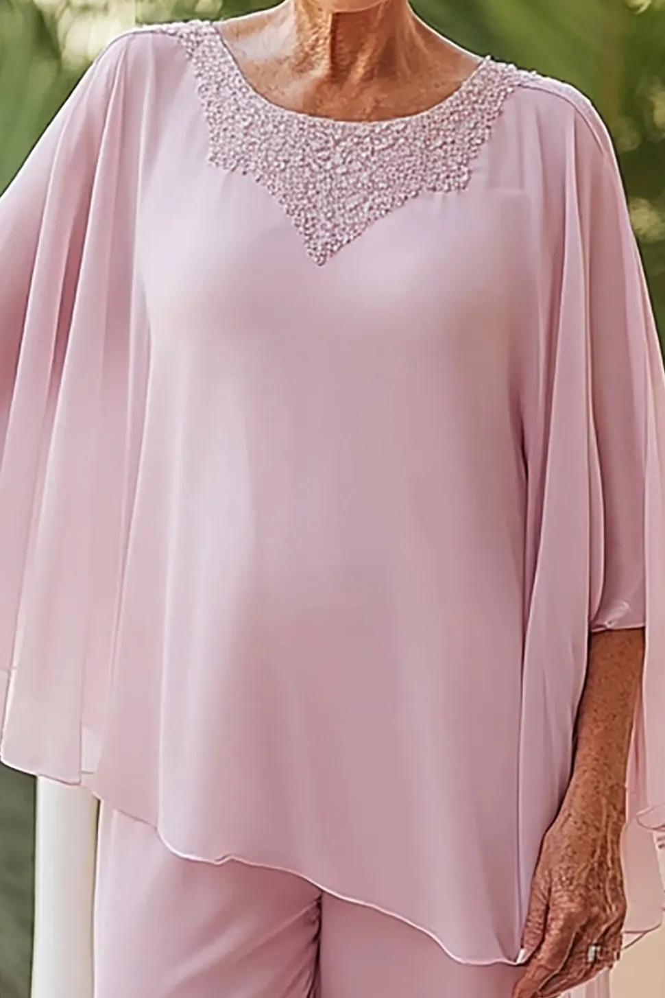 Rosa Pescoço Redondo Chiffon Mãe da Noiva Pant Suits