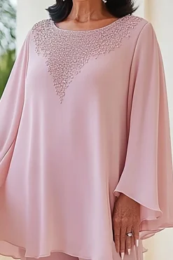 Rosa 2-Piece Chiffon Scoop Missanga Mãe da Noiva Calças Ternos com mangas compridas