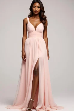 Rosa Plissado Linha-A Decote em V Longo Vestido De Baile com Fenda