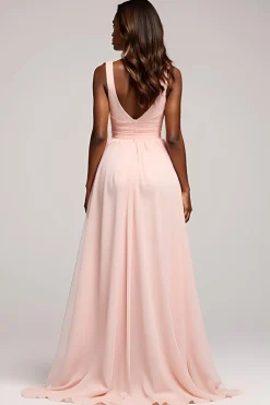 Rosa Plissado Linha-A Decote em V Longo Vestido De Baile com Fenda