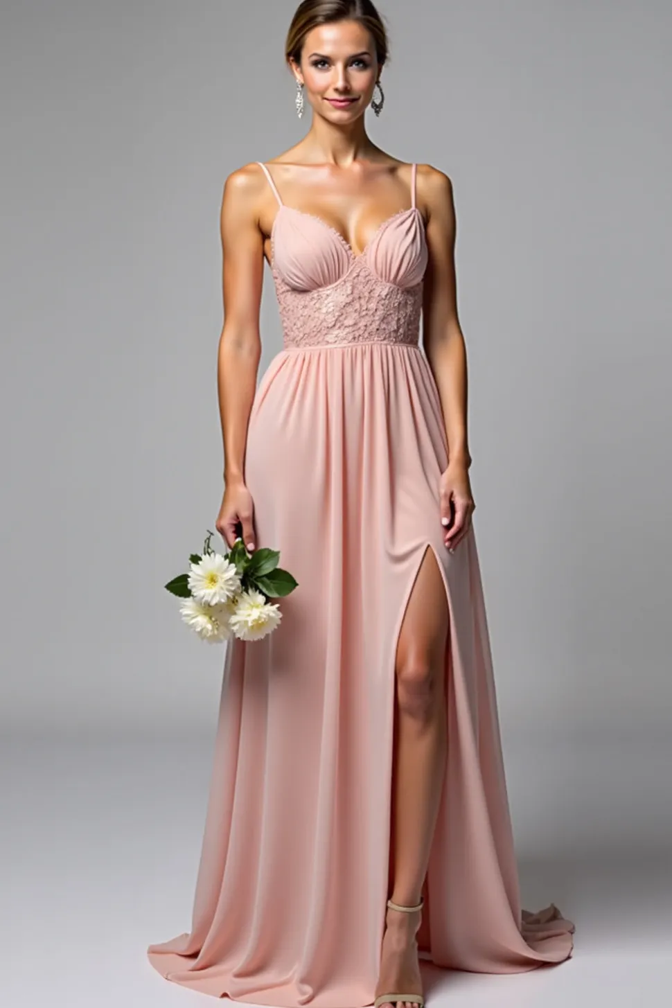 Rosa Poeirenta Alças Finas Chiffon Longo Vestidos Cerimónia com Fenda
