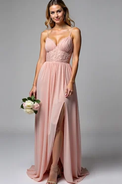 Rosa Poeirenta Alças Finas Chiffon Longo Vestidos Cerimónia com Fenda