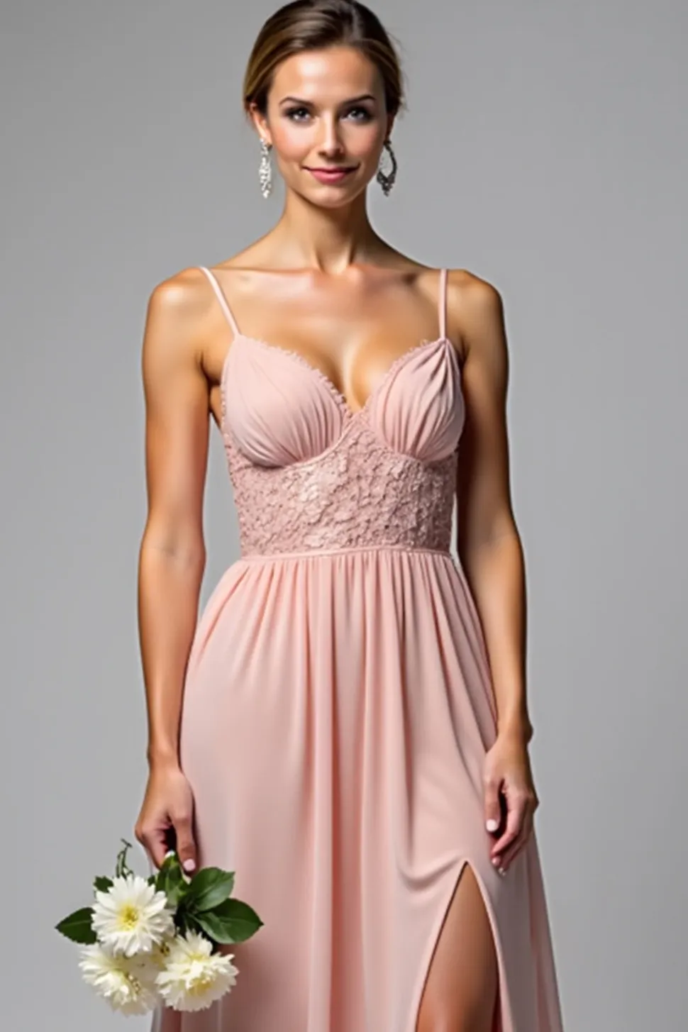 Rosa Poeirenta Alças Finas Chiffon Longo Vestidos Cerimónia com Fenda