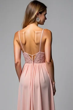 Rosa Poeirenta Alças Finas Chiffon Longo Vestidos Cerimónia com Fenda