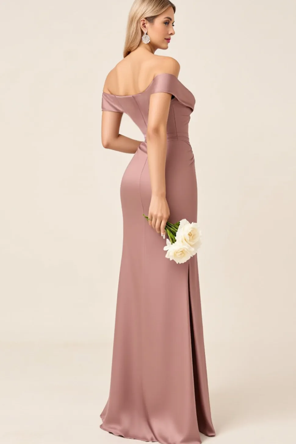 Rosa Poeirenta Cetim Fora do Ombro Longo Vestidos de Damas de Honor