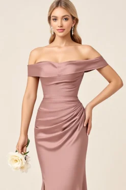 Rosa Poeirenta Cetim Fora do Ombro Longo Vestidos de Damas de Honor