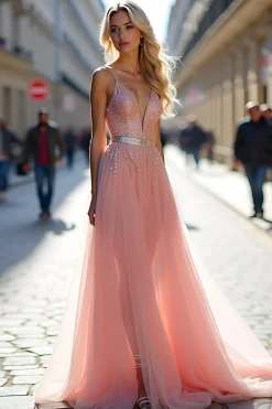 Rosa profundo V-neck uma linha longo vestido de baile com tule