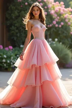 Rosa Querida babado vestido de baile de formatura