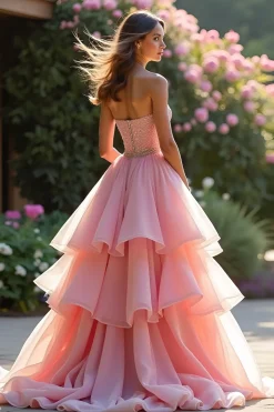 Rosa Querida babado vestido de baile de formatura