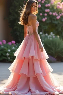 Rosa Querida babado vestido de baile de formatura