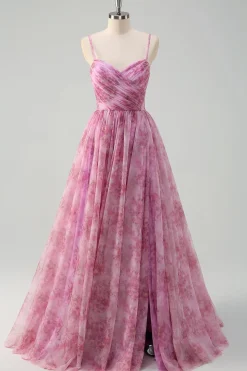 Rosa roxo A-Line Floral Esparguete Correias Longo Vestido de Baile com Fenda