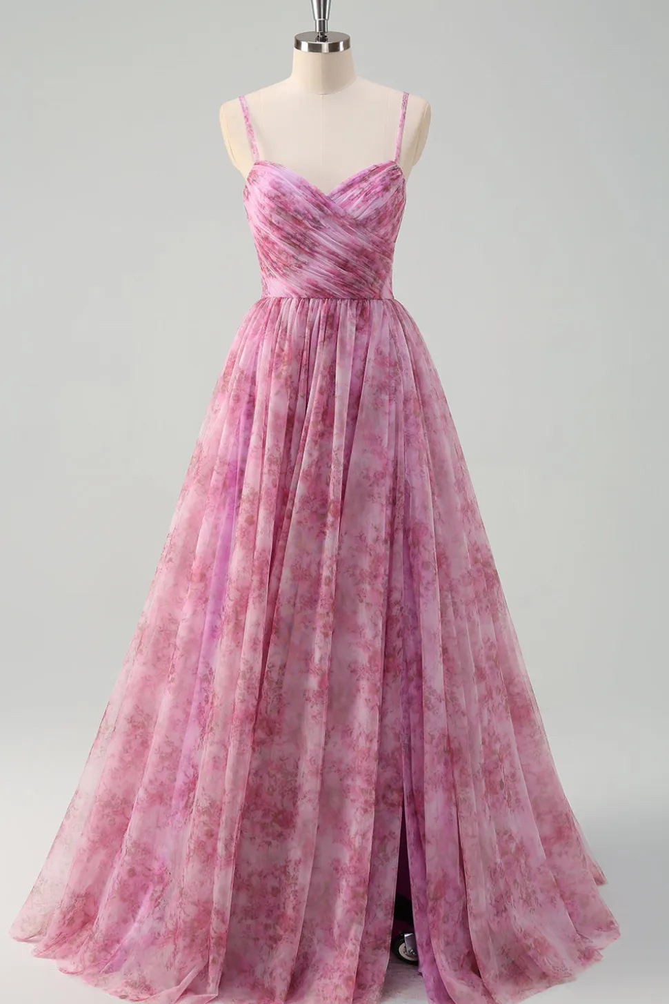 Rosa roxo A-Line Floral Esparguete Correias Longo Vestido de Baile com Fenda