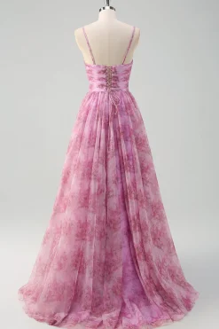 Rosa roxo A-Line Floral Esparguete Correias Longo Vestido de Baile com Fenda