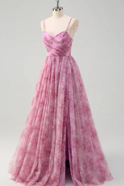 Rosa roxo A-Line Floral Esparguete Correias Longo Vestido de Baile com Fenda
