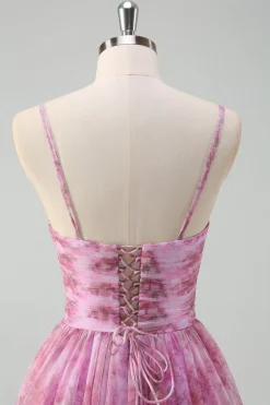 Rosa roxo A-Line Floral Esparguete Correias Longo Vestido de Baile com Fenda